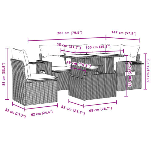 6-Piece Garden Sofa Set with Cushions Grey Poly Rattan Wicker Outdoor Patio Furniture - Image 11