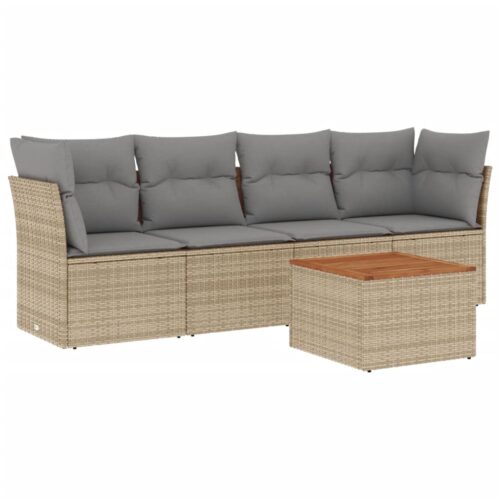 5-Piece Garden Sofa Set with Cushions Mix Beige Poly Rattan Wicker Outdoor Patio Furniture - Image 14