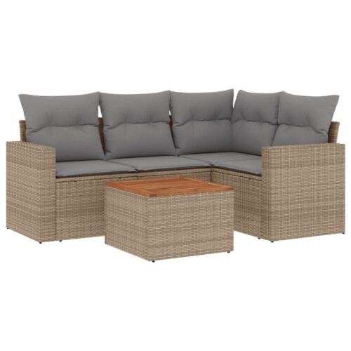 5-Piece Garden Sofa Set with Cushions Mix Beige Poly Rattan Wicker Outdoor Patio Furniture