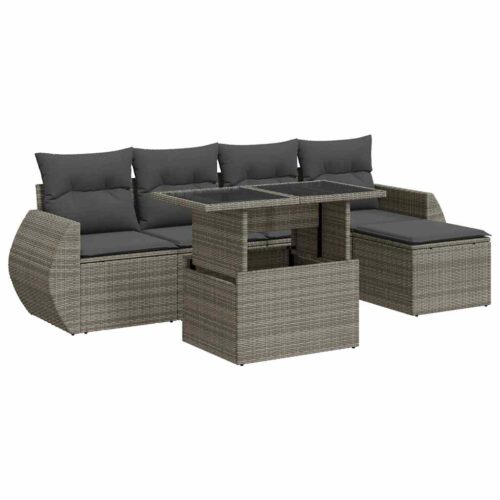 6-Piece Garden Sofa Set with Cushions Grey Poly Rattan Wicker Outdoor Patio Furniture - Image 13