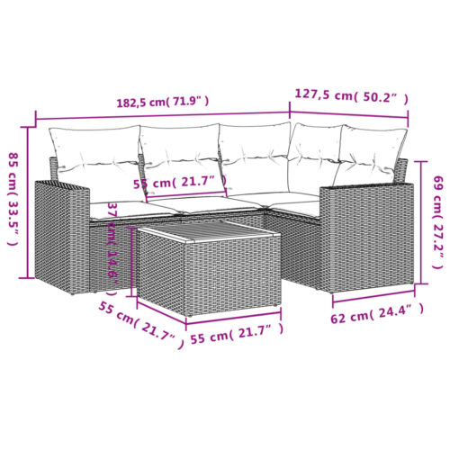 5-Piece Garden Sofa Set with Cushions Mix Beige Poly Rattan Wicker Outdoor Patio Furniture - Image 12