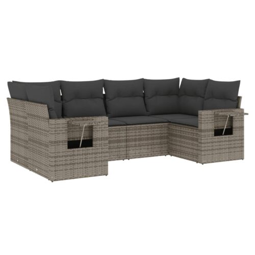 6-Piece Garden Sofa Set with Cushions Grey Poly Rattan Wicker Outdoor Patio Furniture - Image 5