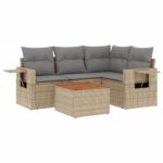 5-Piece Garden Sofa Set with Cushions Mix Beige Poly Rattan Wicker Outdoor Patio Furniture