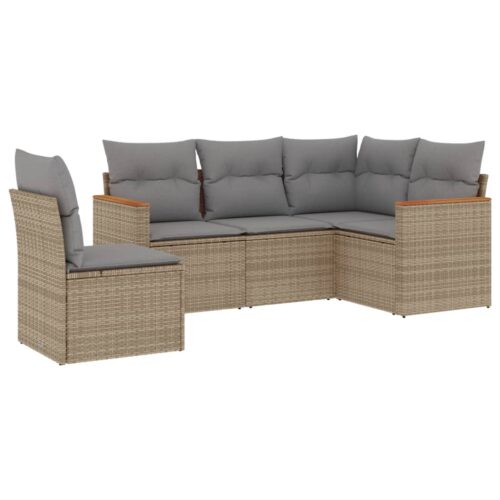 5-Piece Garden Sofa Set with Cushions Mix Beige Poly Rattan Wicker Outdoor Patio Furniture
