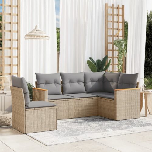 5-Piece Garden Sofa Set with Cushions Mix Beige Poly Rattan Wicker Outdoor Patio Furniture - Image 2