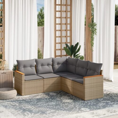 5-Piece Garden Sofa Set with Cushions Mix Beige Poly Rattan Wicker Outdoor Patio Furniture - Image 2