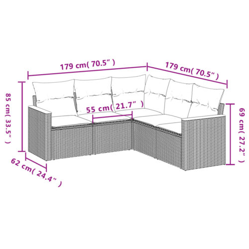 5-Piece Garden Sofa Set with Cushions Mix Beige Poly Rattan Wicker Outdoor Patio Furniture - Image 7