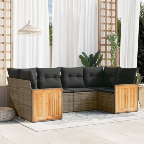 6-Piece Garden Sofa Set with Cushions Grey Poly Rattan Wicker Outdoor Patio Furniture - Image 2