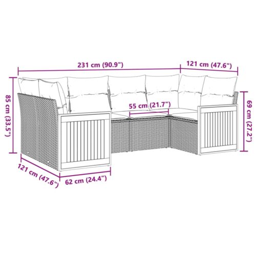 6-Piece Garden Sofa Set with Cushions Grey Poly Rattan Wicker Outdoor Patio Furniture - Image 3