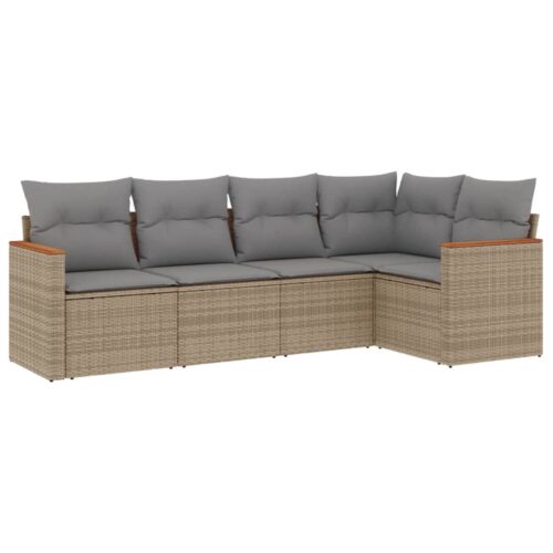 5-Piece Garden Sofa Set with Cushions Mix Beige Poly Rattan Wicker Outdoor Patio Furniture
