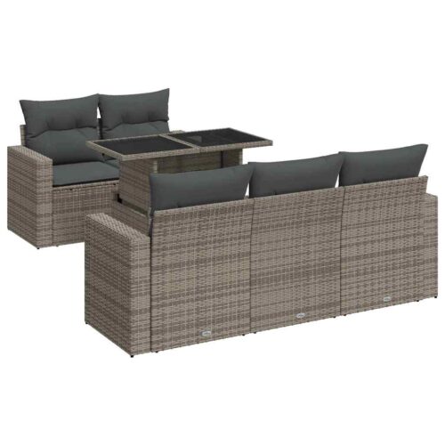 6-Piece Garden Sofa Set with Cushions Grey Poly Rattan Wicker Outdoor Patio Furniture