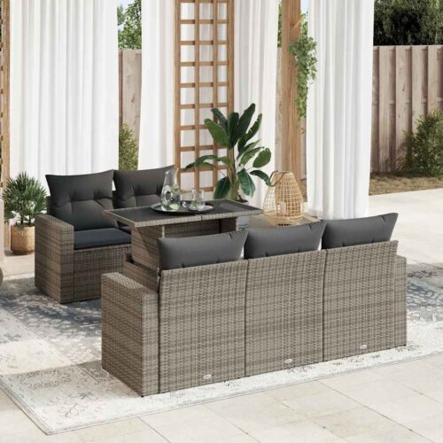 6-Piece Garden Sofa Set with Cushions Grey Poly Rattan Wicker Outdoor Patio Furniture - Image 2