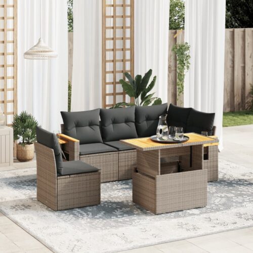 6-Piece Garden Sofa Set with Cushions Grey Poly Rattan Wicker Outdoor Patio Furniture - Image 2