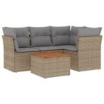 5-Piece Garden Sofa Set with Cushions Mix Beige Poly Rattan Wicker Outdoor Patio Furniture