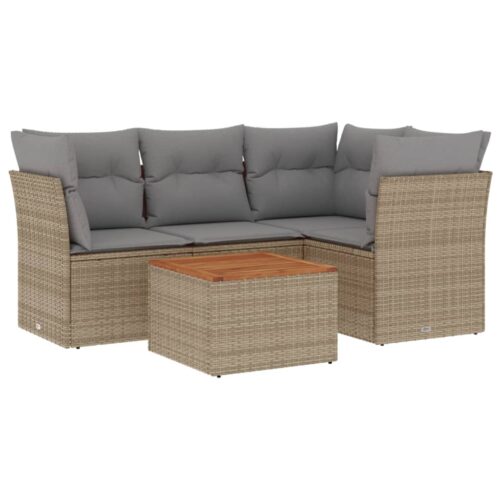 5-Piece Garden Sofa Set with Cushions Mix Beige Poly Rattan Wicker Outdoor Patio Furniture