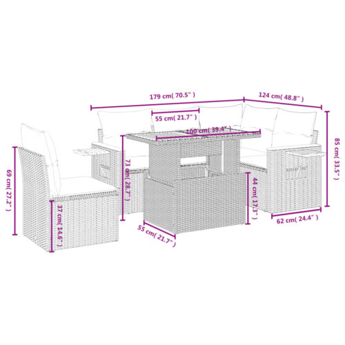 6-Piece Garden Sofa Set with Cushions Grey Poly Rattan Wicker Outdoor Patio Furniture - Image 3