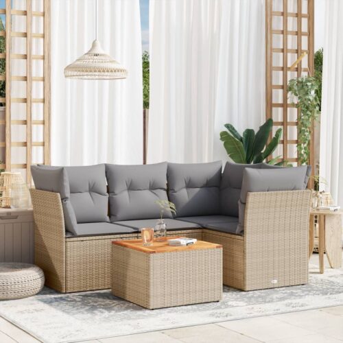 5-Piece Garden Sofa Set with Cushions Mix Beige Poly Rattan Wicker Outdoor Patio Furniture - Image 2