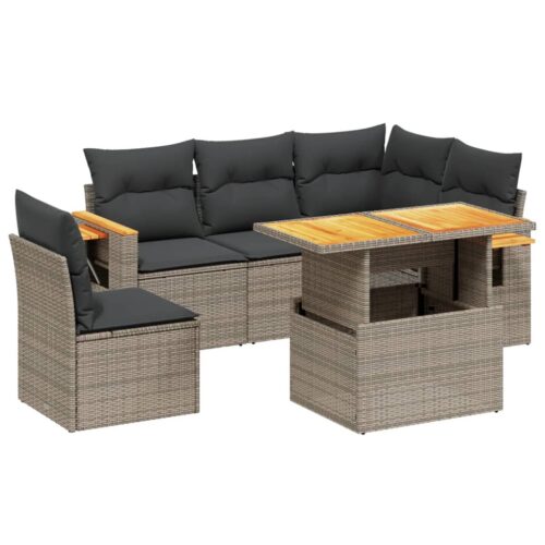 6-Piece Garden Sofa Set with Cushions Grey Poly Rattan Wicker Outdoor Patio Furniture - Image 5