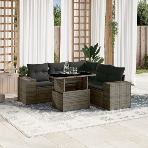 6-Piece Garden Sofa Set with Cushions Grey Poly Rattan Wicker Outdoor Patio Furniture - Image 2