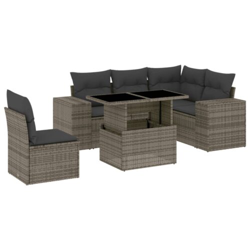 6-Piece Garden Sofa Set with Cushions Grey Poly Rattan Wicker Outdoor Patio Furniture