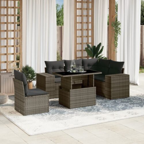 6-Piece Garden Sofa Set with Cushions Grey Poly Rattan Wicker Outdoor Patio Furniture - Image 2