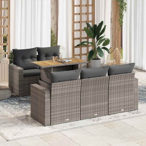 6-Piece Garden Sofa Set with Cushions Grey Poly Rattan Wicker Outdoor Patio Furniture - Image 2