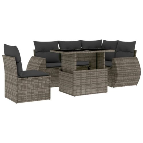 6-Piece Garden Sofa Set with Cushions Grey Poly Rattan Wicker Outdoor Patio Furniture