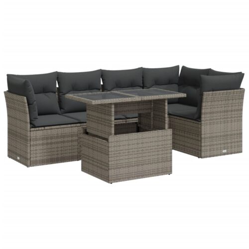 6-Piece Garden Sofa Set with Cushions Grey Poly Rattan Wicker Outdoor Patio Furniture