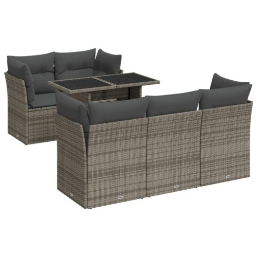 6-Piece Garden Sofa Set with Cushions Grey Poly Rattan Wicker Outdoor Patio Furniture