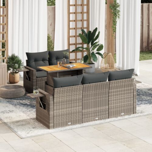 6-Piece Garden Sofa Set with Cushions Grey Poly Rattan Wicker Outdoor Patio Furniture - Image 2