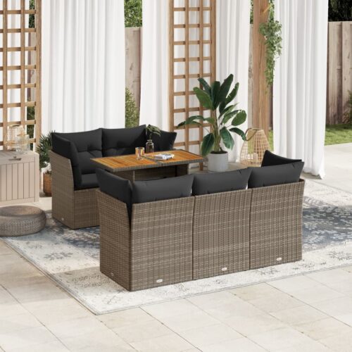 6-Piece Garden Sofa Set with Cushions Grey Poly Rattan Wicker Outdoor Patio Furniture - Image 2