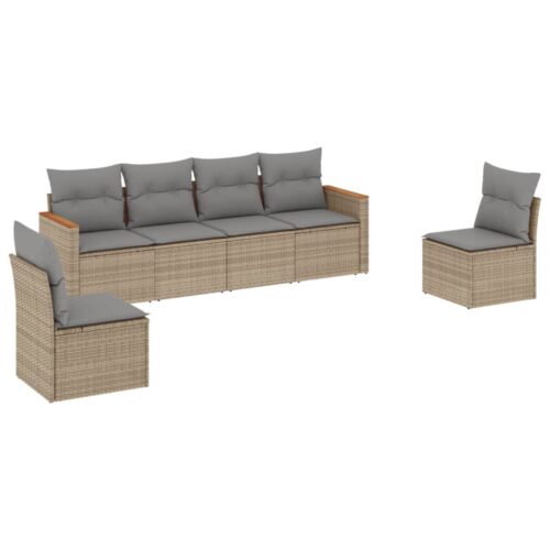 6-Piece Garden Sofa Set with Cushions Mix Beige Poly Rattan Wicker Outdoor Patio Furniture