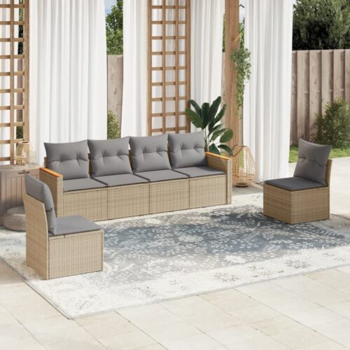 6-Piece Garden Sofa Set with Cushions Mix Beige Poly Rattan Wicker Outdoor Patio Furniture - Image 2