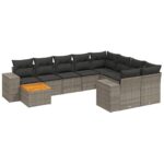 10-Piece Garden Sofa Set with Cushions Grey Poly Rattan Wicker Outdoor Patio Furniture