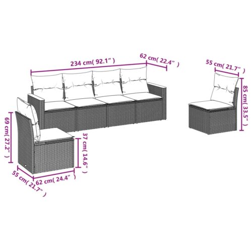 6-Piece Garden Sofa Set with Cushions Mix Beige Poly Rattan Wicker Outdoor Patio Furniture - Image 6