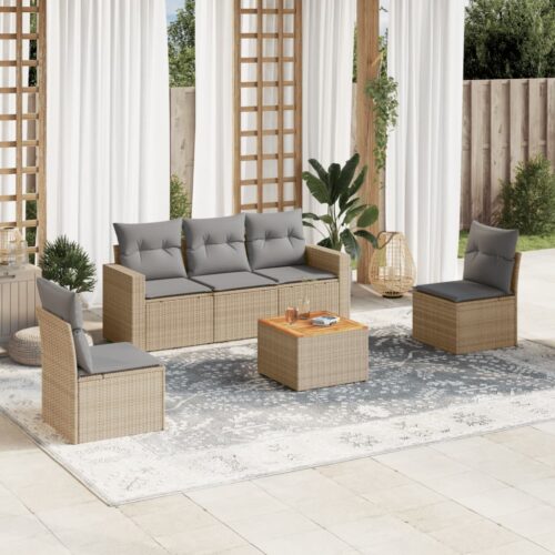 6-Piece Garden Sofa Set with Cushions Mix Beige Poly Rattan Wicker Outdoor Patio Furniture - Image 2