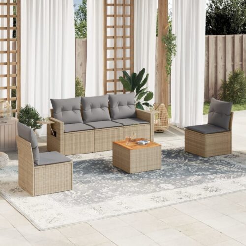 6-Piece Garden Sofa Set with Cushions Mix Beige Poly Rattan Wicker Outdoor Patio Furniture - Image 2