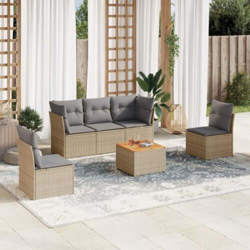 6-Piece Garden Sofa Set with Cushions Mix Beige Poly Rattan Wicker Outdoor Patio Furniture - Image 2