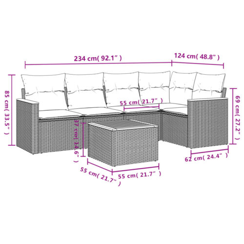 6-Piece Garden Sofa Set with Cushions Mix Beige Poly Rattan Wicker Outdoor Patio Furniture - Image 8