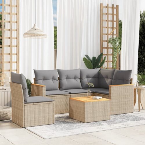 6-Piece Garden Sofa Set with Cushions Mix Beige Poly Rattan Wicker Outdoor Patio Furniture - Image 2
