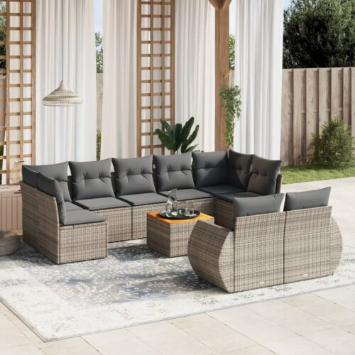 10-Piece Garden Sofa Set with Cushions Grey Poly Rattan Wicker Outdoor Patio Furniture - Image 2