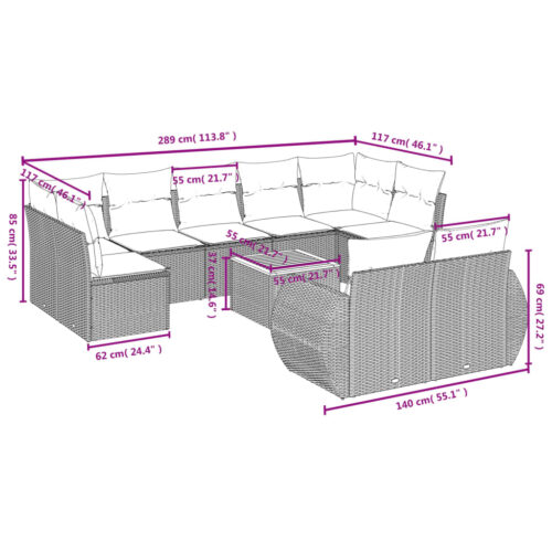 10-Piece Garden Sofa Set with Cushions Grey Poly Rattan Wicker Outdoor Patio Furniture - Image 3