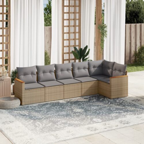 6-Piece Garden Sofa Set with Cushions Mix Beige Poly Rattan Wicker Outdoor Patio Furniture - Image 2