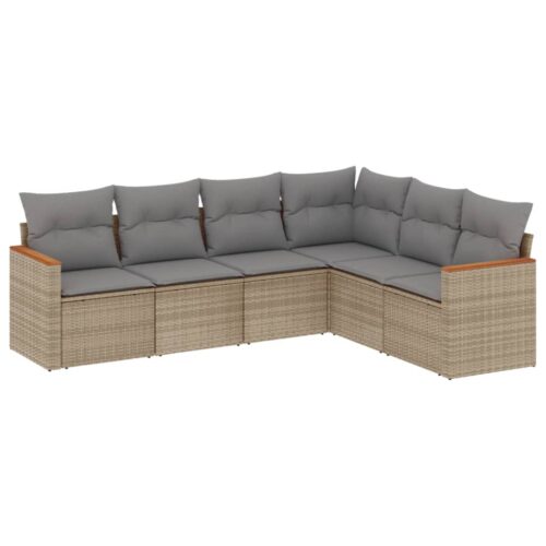 6-Piece Garden Sofa Set with Cushions Mix Beige Poly Rattan Wicker Outdoor Patio Furniture - Image 13