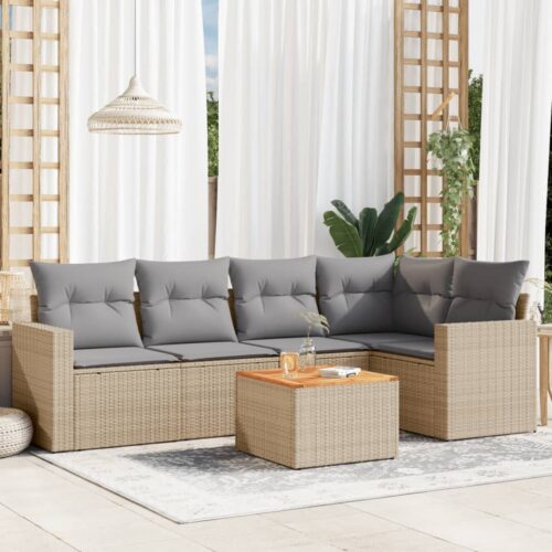 6-Piece Garden Sofa Set with Cushions Mix Beige Poly Rattan Wicker Outdoor Patio Furniture - Image 2