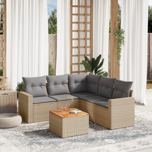 6-Piece Garden Sofa Set with Cushions Mix Beige Poly Rattan Wicker Outdoor Patio Furniture - Image 2