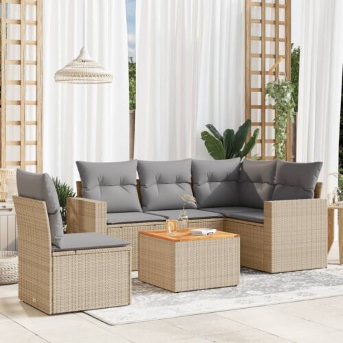 6-Piece Garden Sofa Set with Cushions Mix Beige Poly Rattan Wicker Outdoor Patio Furniture - Image 2