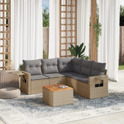 6-Piece Garden Sofa Set with Cushions Mix Beige Poly Rattan Wicker Outdoor Patio Furniture - Image 2