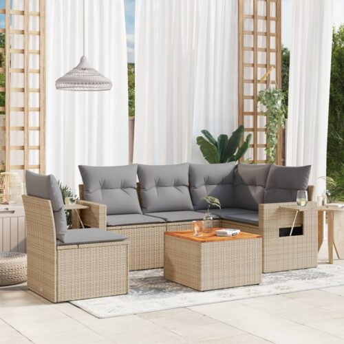 6-Piece Garden Sofa Set with Cushions Mix Beige Poly Rattan Wicker Outdoor Patio Furniture - Image 2
