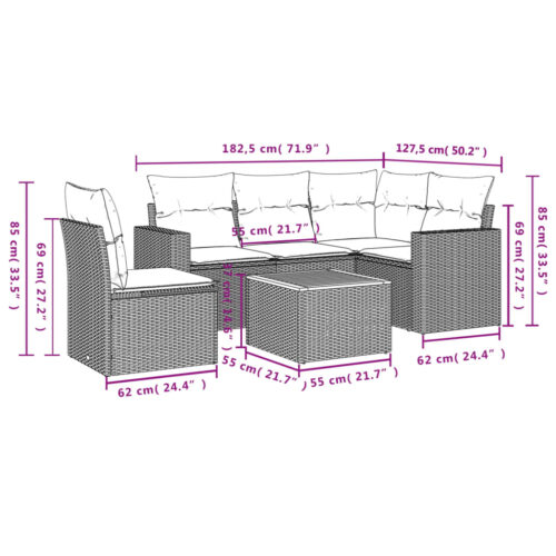 6-Piece Garden Sofa Set with Cushions Mix Beige Poly Rattan Wicker Outdoor Patio Furniture - Image 12